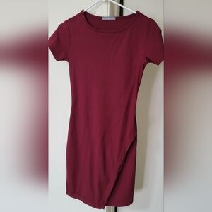 Loveappella crew neck fitted faux wrap mini dress